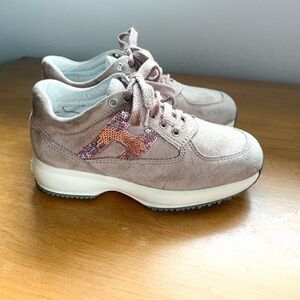Hogan interactive lace up mauve/tan suede and sequin luxury children’s sneaker